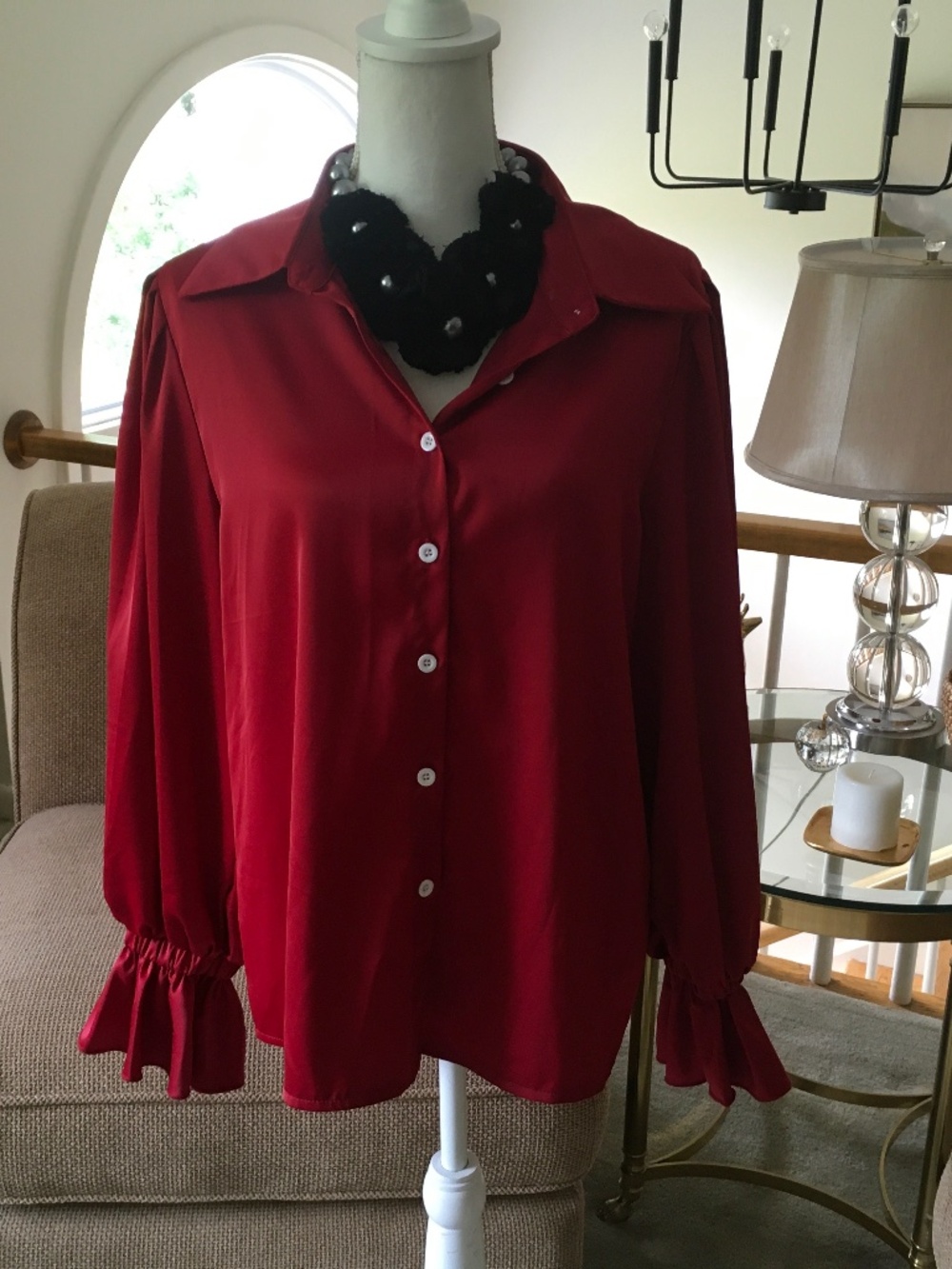 Red size L/XL button up blouse with a satin finish